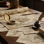A rustic wooden desk cluttered with worldbuilding tools: an antique rolled-up map, a brass compass, a quill pen and inkwell, and loose parchment notes with sketches of fantasy landscapes and symbols, implying the creative process of designing a fictional realm.